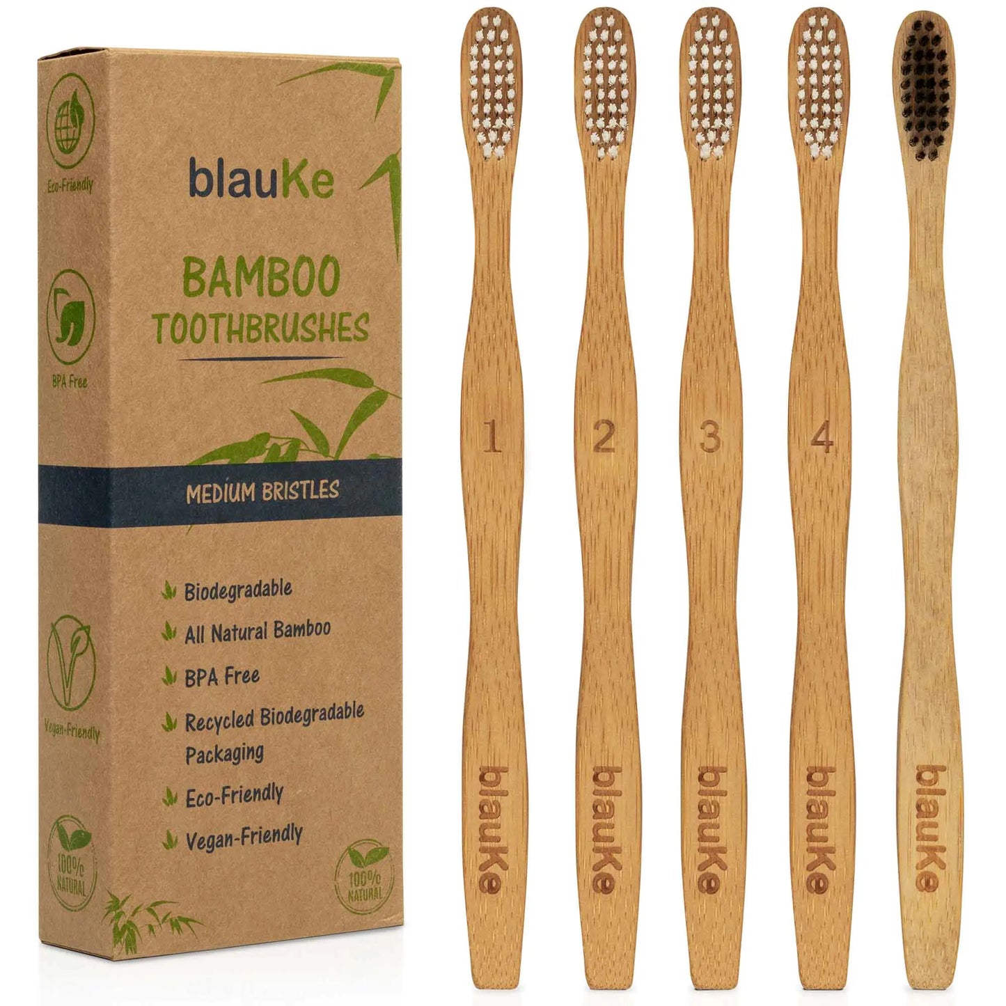 Lot de 5 brosses à dents en bambou - Brosses à dents en bambou à poils moyens  - Brosses à dents en bois naturelles, écologiques et biodégradables